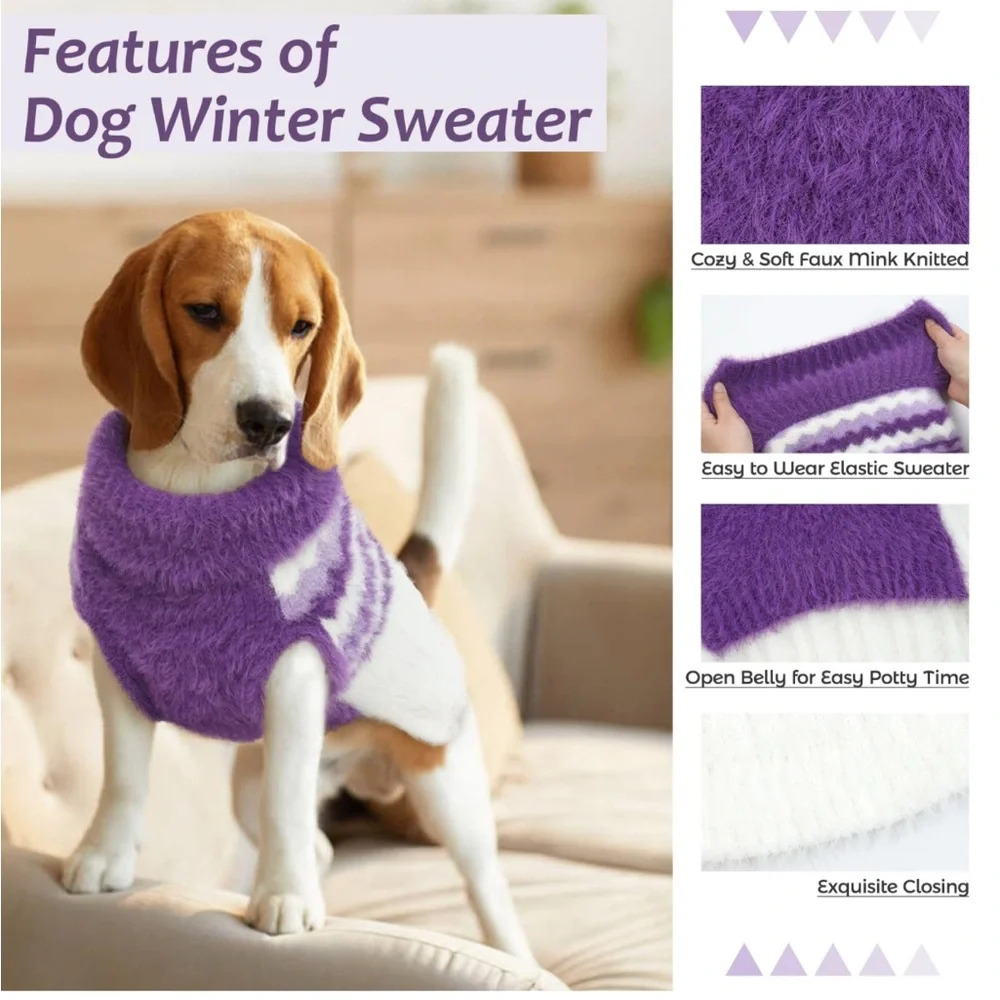 Fuzzy Purple & White XL Dog Sweater – Soft Knit Winter Pet Clothing